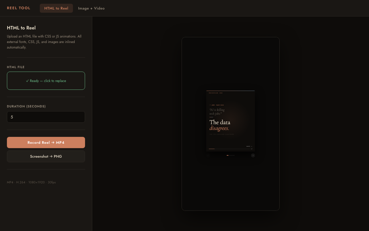 Reel Tool's HTML to Reel screen, with a real Instagram carousel slide ('AI is killing tech jobs. The data disagrees.') rendered in the preview