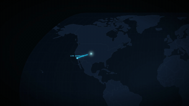 Animated clip: a glowing route drawn from Los Angeles to New York across a dark world map, then a 3D Eiffel Tower at night