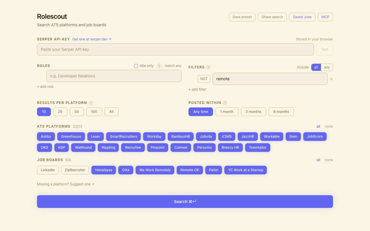 The Rolescout search page: Serper key field, roles and filters, 22 ATS platforms and 8 job boards, and a Search button