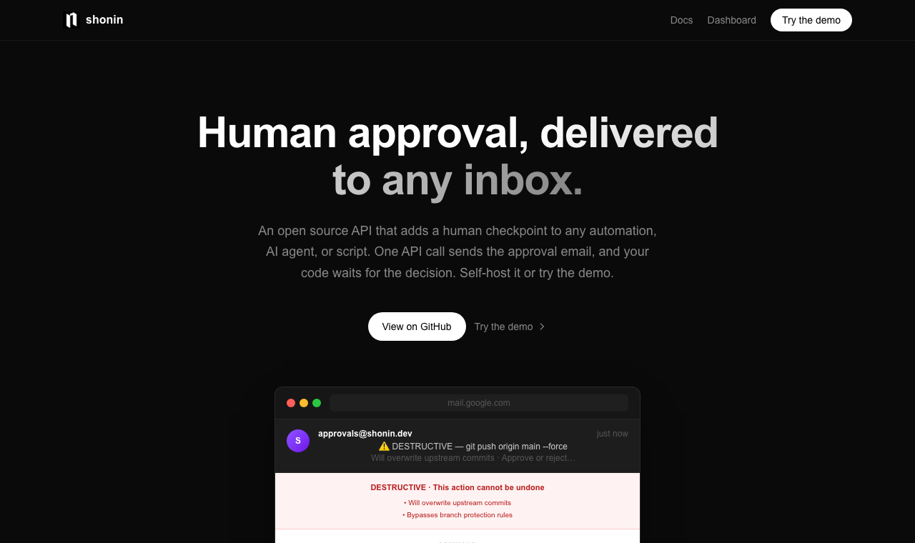 The shonin.dev landing page: Human approval, delivered to any inbox, with View on GitHub and Try the demo buttons